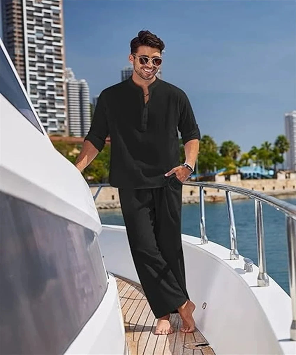 New fashionable and trendy men's solid-color casual set, high-quality cotton and linen long-sleeved Henry shirt + long pants set