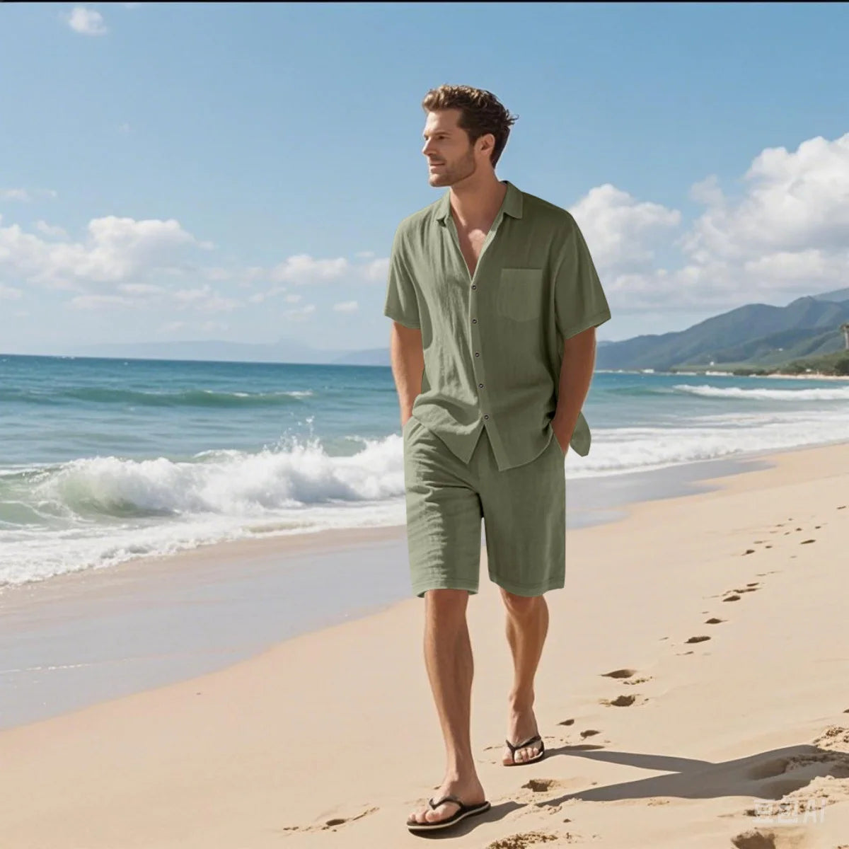 New summer men's retro cotton and linen shirt set, fashionable lapel button beach short-sleeved shirt and shorts two-piece set
