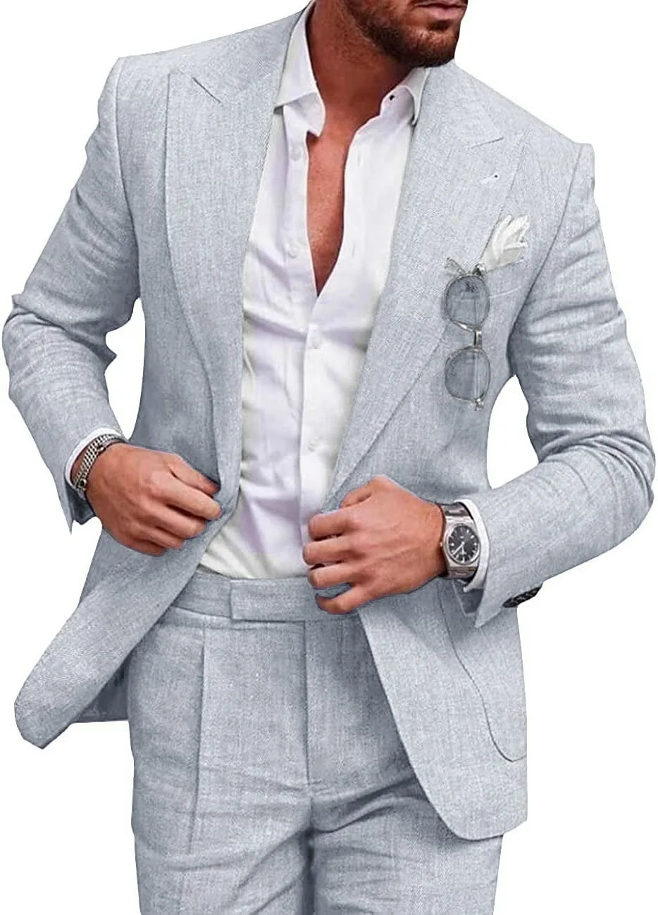Korean Version Linen Solid Color Business Two-piece Set, Men's Spring New Casual Back Slit Single Button Lapel Suit + Trousers