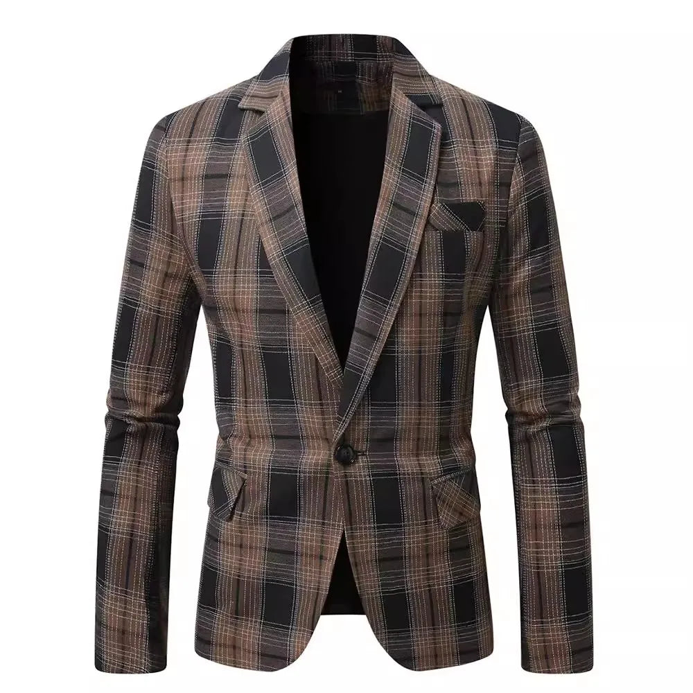 Classic Black Striped Suit Coat with V-Neckline Single-Button Casual Jacket for Men's Leisure Blazers, Size M-XXL