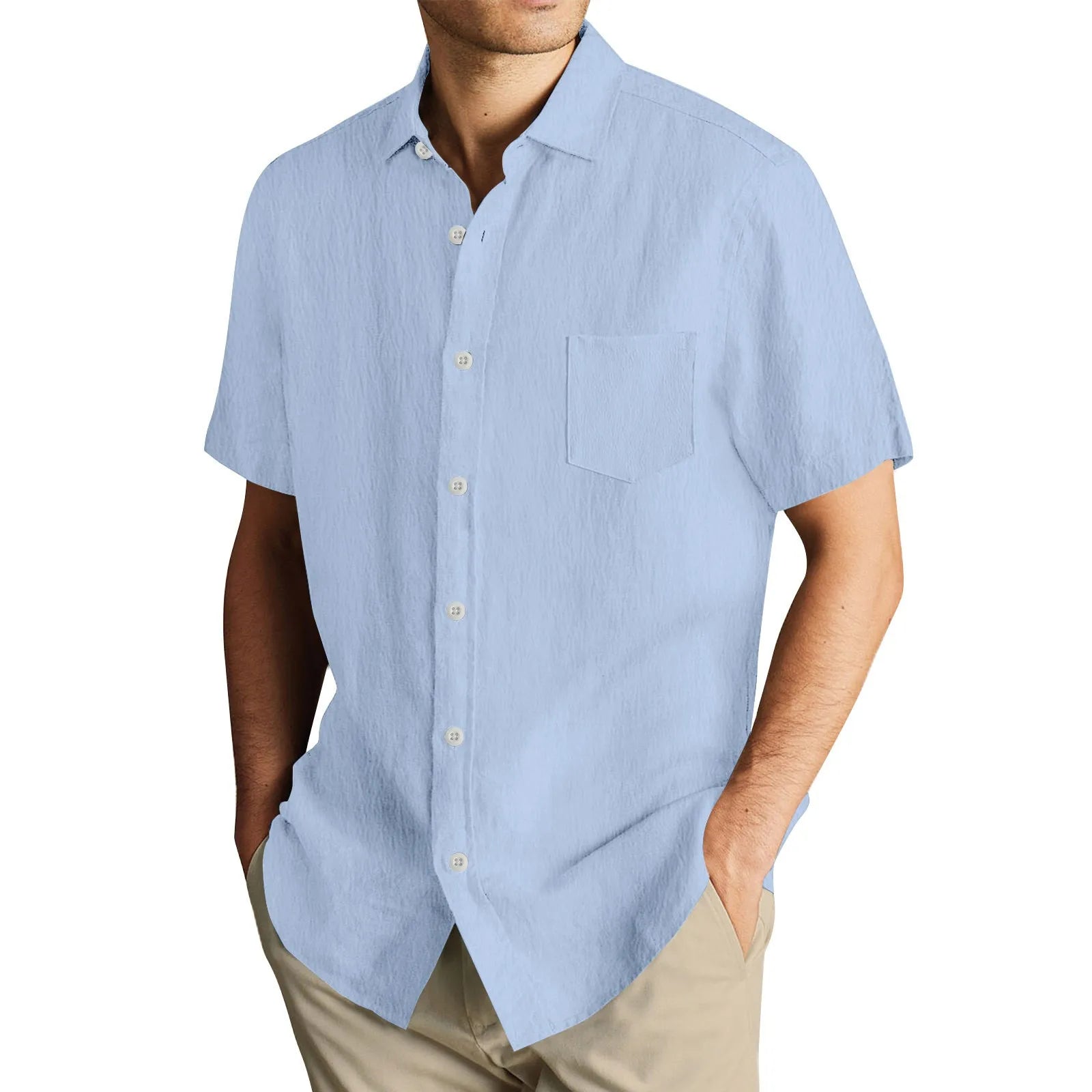 Men'S Short Sleeve Shirt Summer Button Cardigan Solid Color European And American Comfortable Breathable Beach Button Shirt