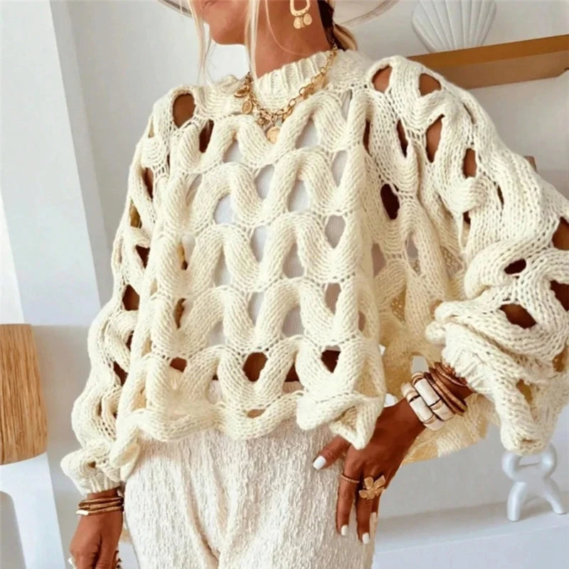 2025 Women Casual Long Sleeve Pullover Winter Fashion Hollow Out Resort Blouses Autumn Elegant Crochet Solid Color Sweater Tops