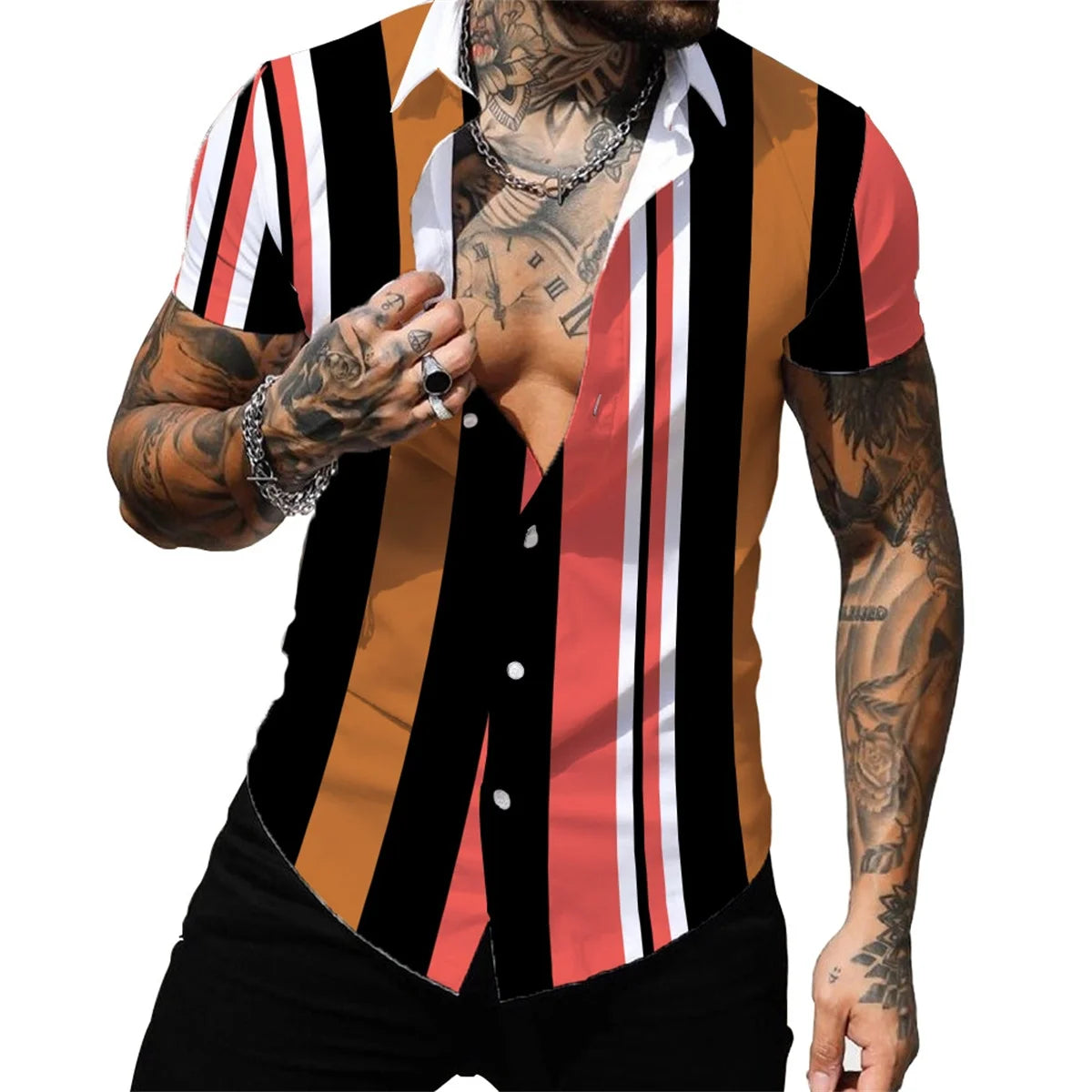 Men's spring and summer leisure fashion lapel short sleeve cardigan personalized striped printed shirt