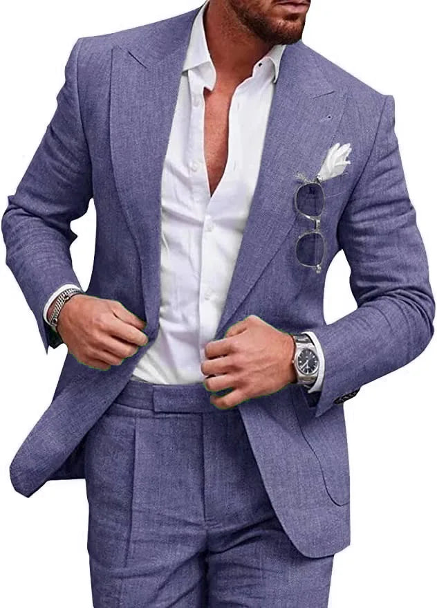 Korean Version Linen Solid Color Business Two-piece Set, Men's Spring New Casual Back Slit Single Button Lapel Suit + Trousers