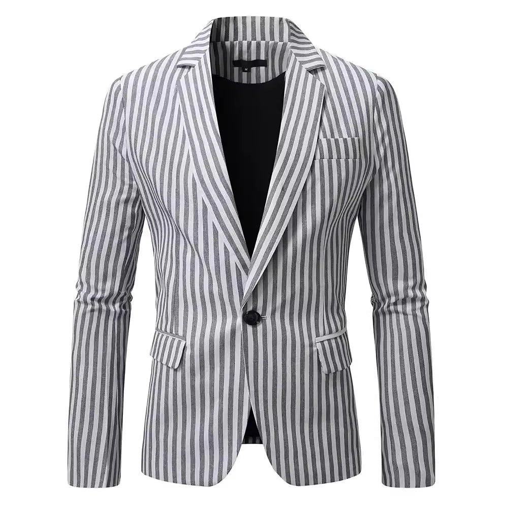 Classic Black Striped Suit Coat with V-Neckline Single-Button Casual Jacket for Men's Leisure Blazers, Size M-XXL
