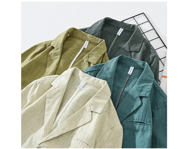 2025 New Cotton Linen Men's Blazer Spring Summer Daily Casual Blazers Loose Green Suit Jackets Japanese Retro Youth Male Suit