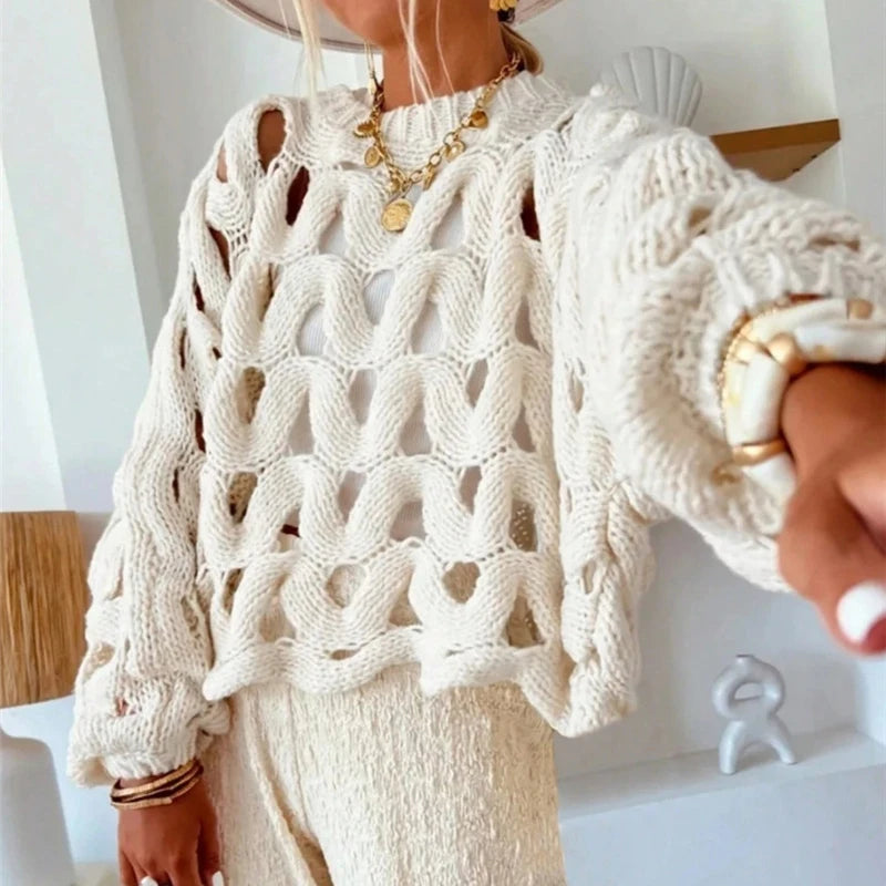 2025 Women Casual Long Sleeve Pullover Winter Fashion Hollow Out Resort Blouses Autumn Elegant Crochet Solid Color Sweater Tops