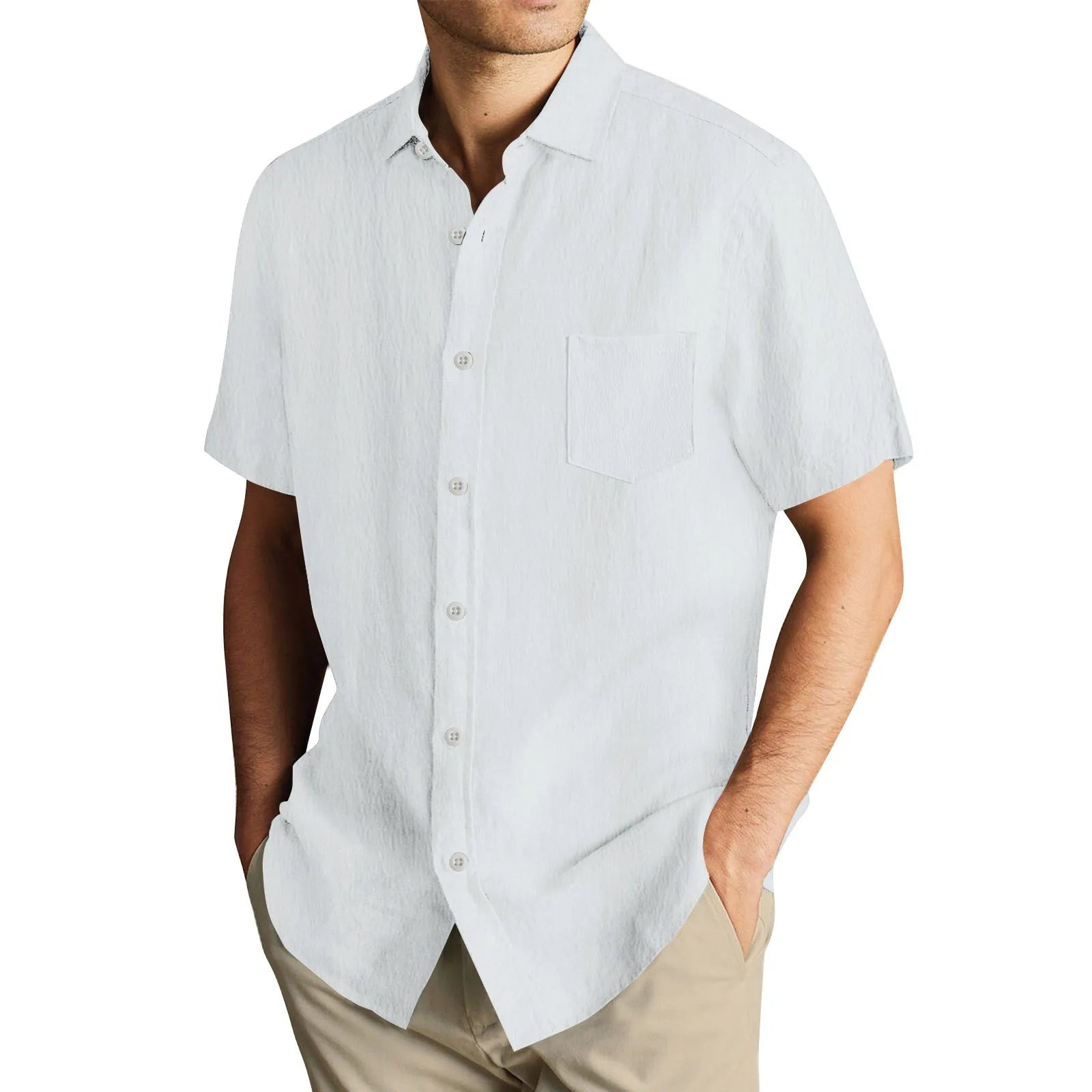 Men'S Short Sleeve Shirt Summer Button Cardigan Solid Color European And American Comfortable Breathable Beach Button Shirt