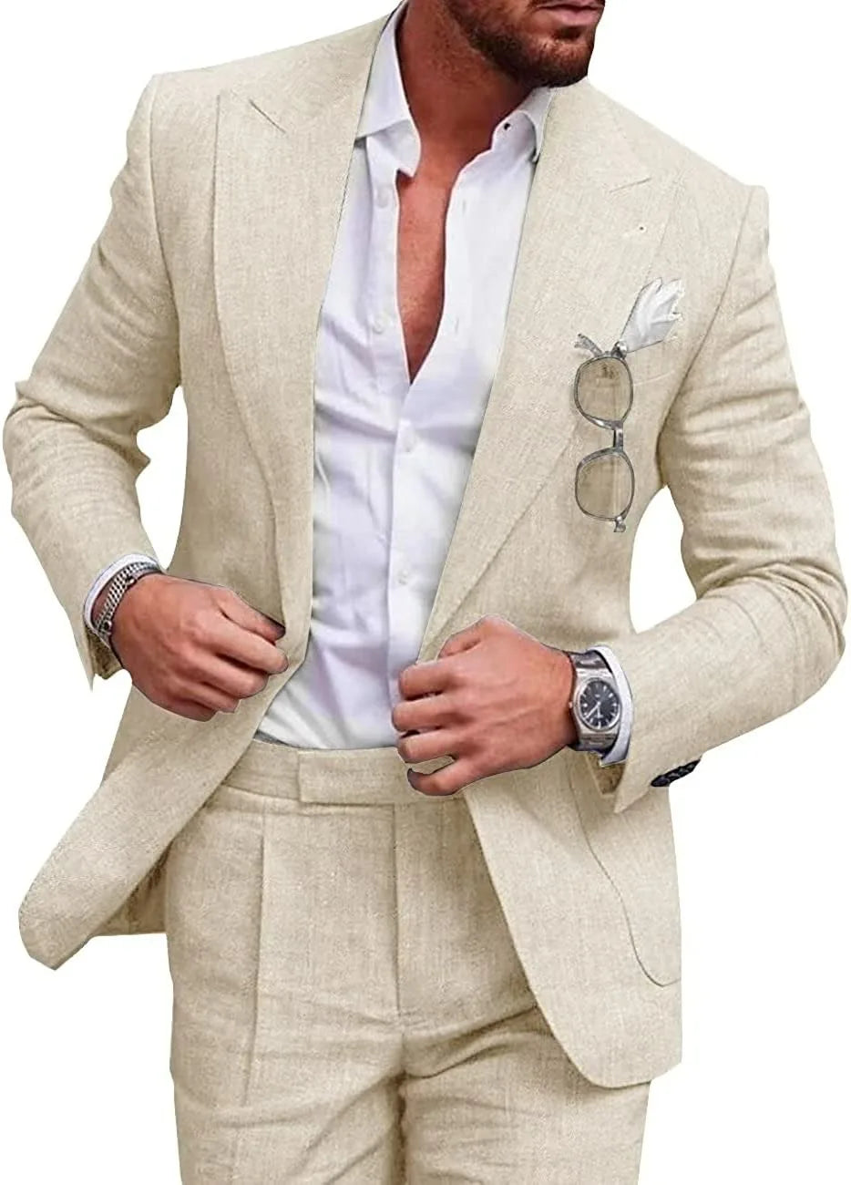 Korean Version Linen Solid Color Business Two-piece Set, Men's Spring New Casual Back Slit Single Button Lapel Suit + Trousers