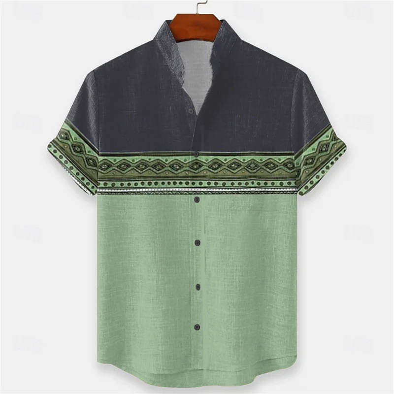Men's 3D printed summer short sleeved shirt with artistic geometric patterns, casual lapel shirt, men's top
