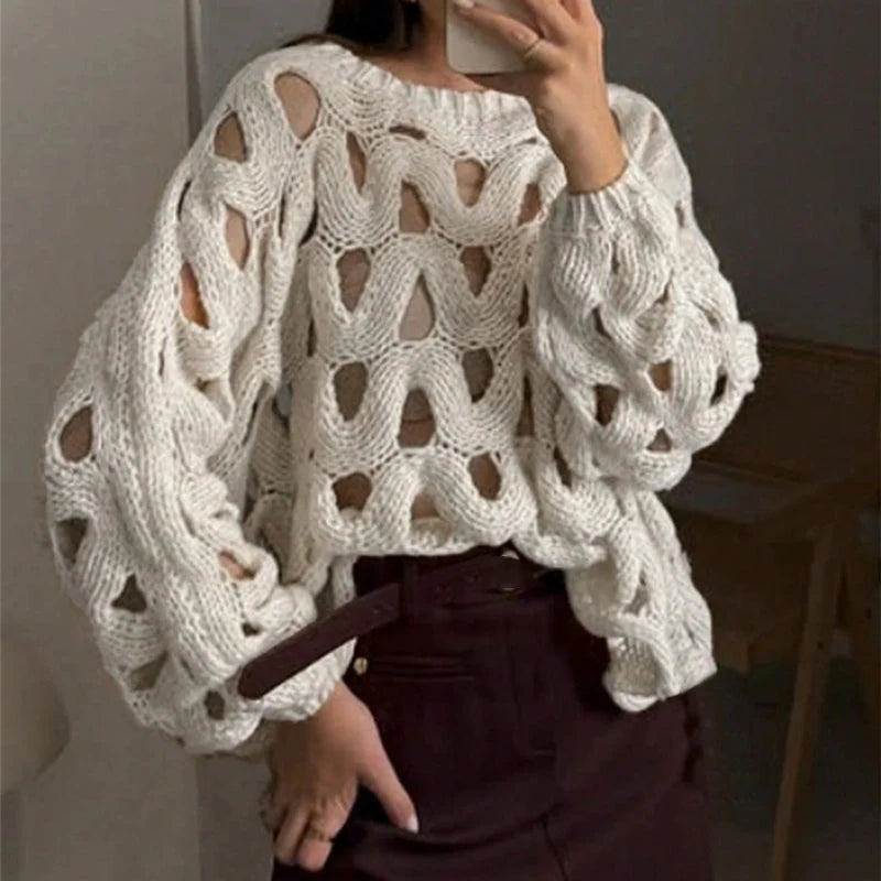 2025 Women Casual Long Sleeve Pullover Winter Fashion Hollow Out Resort Blouses Autumn Elegant Crochet Solid Color Sweater Tops