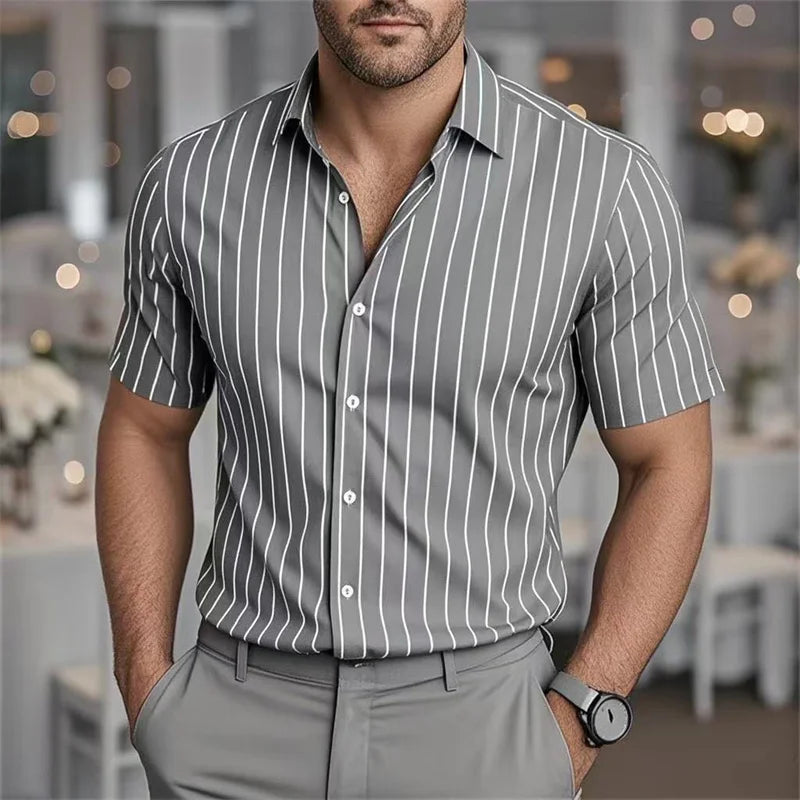 Men's Fashion Striped Loose Short Sleeve Shirt Casual Breathable Lapel Button Shirt Soft and Comfortable Festival Top