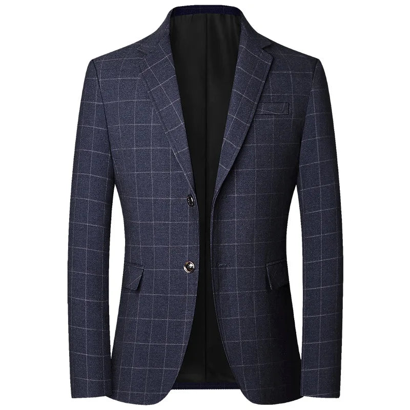 2025 Spring Autumn New Blue Checkered Non-iron Suit Jackets for Men,black Light Business Casual Men Blazer Slim Fit, Asian Size