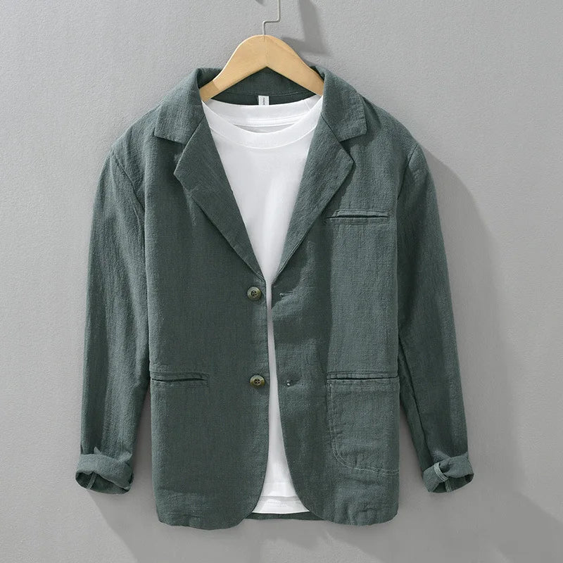 2025 New Cotton Linen Men's Blazer Spring Summer Daily Casual Blazers Loose Green Suit Jackets Japanese Retro Youth Male Suit
