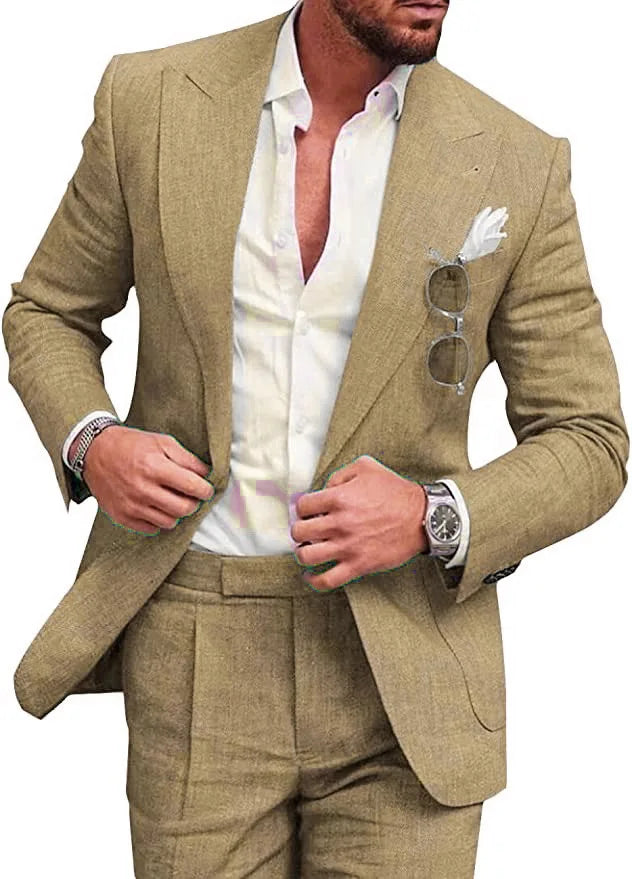 Korean Version Linen Solid Color Business Two-piece Set, Men's Spring New Casual Back Slit Single Button Lapel Suit + Trousers