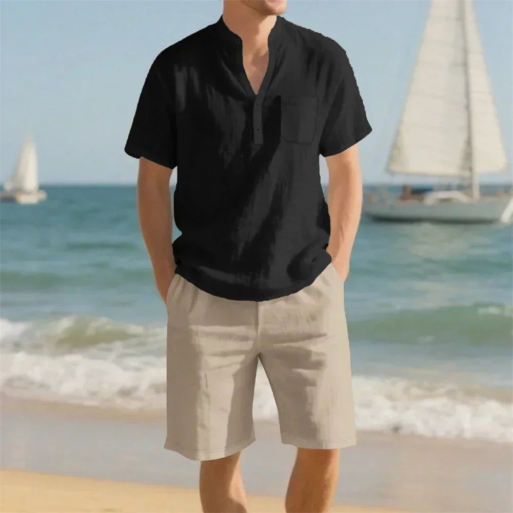 Men's Summer Sets Vacation Beach T-shirt Shorts Suit Cotton Linen Breathable Casual Basic Style Outfit Cozy Clothing