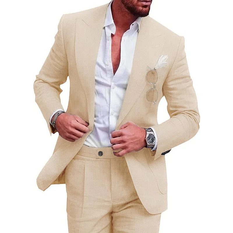 Korean Version Linen Solid Color Business Two-piece Set, Men's Spring New Casual Back Slit Single Button Lapel Suit + Trousers