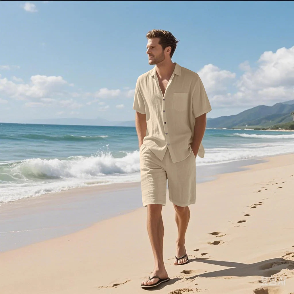 Summer men's solid-color linen beach suit, lapel button short-sleeved shirt paired with drawstring shorts, casual 2-piece set