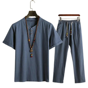 Summer Fashion Men Shirts Trousers Set Cotton And Linen Shirts Short Sleeve Men's Casual Top Pants Men Outfit M-4XL