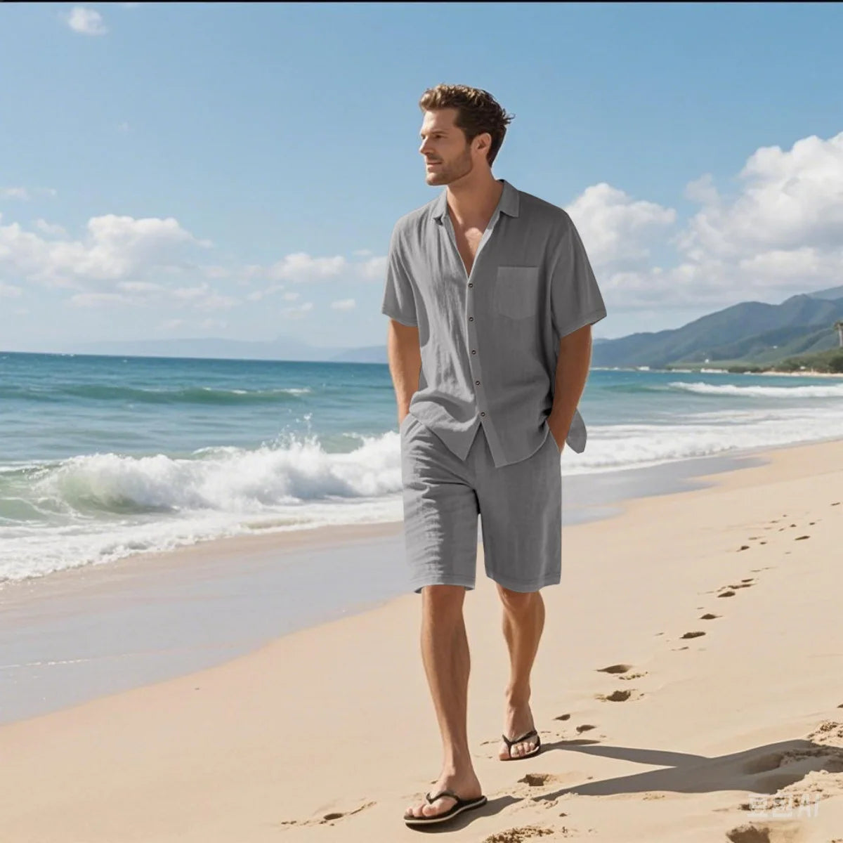 New summer men's retro cotton and linen shirt set, fashionable lapel button beach short-sleeved shirt and shorts two-piece set