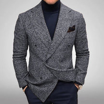 New Autumn Men's Gray Long-sleeved Suit Jacket, Dark Brown Double-breasted V-neck Blazers, Gentleman's Casual Coat.