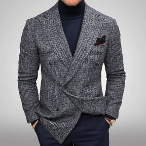 New Autumn Men's Gray Long-sleeved Suit Jacket, Dark Brown Double-breasted V-neck Blazers, Gentleman's Casual Coat.