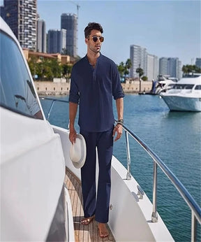 New fashionable and trendy men's solid-color casual set, high-quality cotton and linen long-sleeved Henry shirt + long pants set