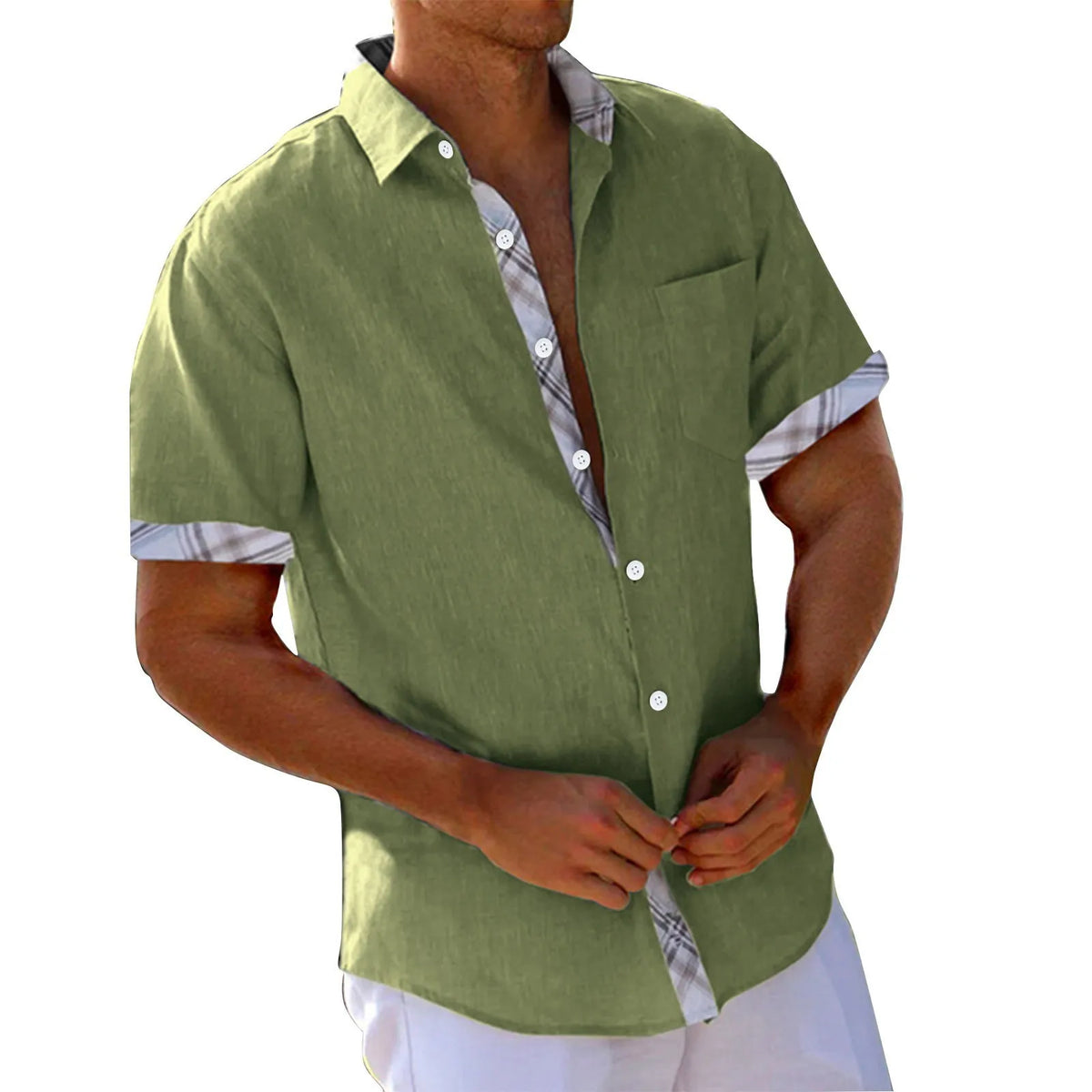 Men'S Casual Short Sleeve Shirt Solid Color Tops Open Cardigan Street Wear Lapel Button Shirt Men'S Vintage Vacation Shirt
