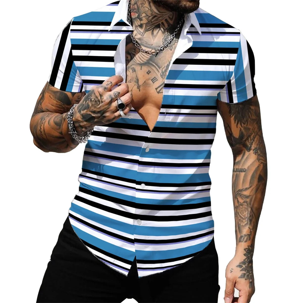 Men's spring and summer leisure fashion lapel short sleeve cardigan personalized striped printed shirt
