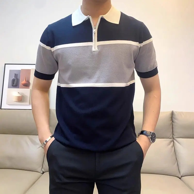 Half Zipper British Fashion Short-sleeved POLO Shirt Men's Trendy Handsome T-shirt Knitted Sweater
