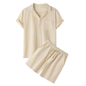 Cool Summer Comfortable Short-Sleeved Button Shirt Sets Men's Solid Color Shirt Shorts Suit Men's Cotton and Linen Casual Suit