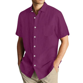 Men'S Short Sleeve Shirt Summer Button Cardigan Solid Color European And American Comfortable Breathable Beach Button Shirt