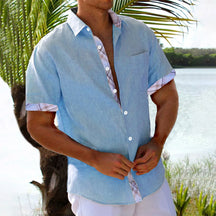 Men'S Casual Short Sleeve Shirt Solid Color Tops Open Cardigan Street Wear Lapel Button Shirt Men'S Vintage Vacation Shirt