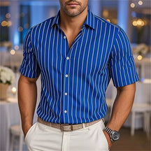 Men's Fashion Striped Loose Short Sleeve Shirt Casual Breathable Lapel Button Shirt Soft and Comfortable Festival Top