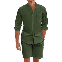 Summer Men's Casual Sets Breathable Cotton Linen Vintage Stand Collar Shirts+Shorts Sets Men Comfortable Breathable Beach Suits