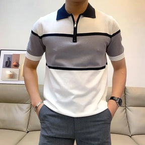 Half Zipper British Fashion Short-sleeved POLO Shirt Men's Trendy Handsome T-shirt Knitted Sweater