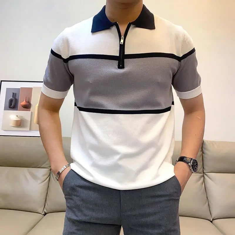 Half Zipper British Fashion Short-sleeved POLO Shirt Men's Trendy Handsome T-shirt Knitted Sweater