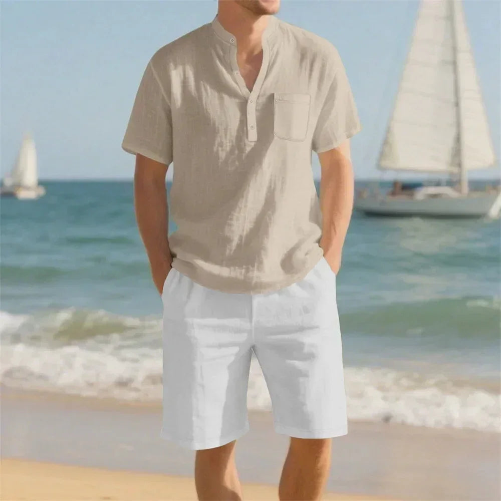 Men's Summer Sets Vacation Beach T-shirt Shorts Suit Cotton Linen Breathable Casual Basic Style Outfit Cozy Clothing