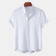 2024 New men's short sleeved solid color standing collar cardigan casual shirt for foreign trade