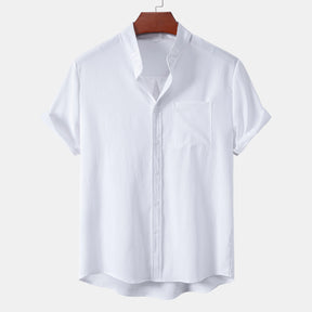 2024 New men's short sleeved solid color standing collar cardigan casual shirt for foreign trade