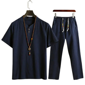 Summer Fashion Men Shirts Trousers Set Cotton And Linen Shirts Short Sleeve Men's Casual Top Pants Men Outfit M-4XL
