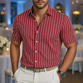 Men's Fashion Striped Loose Short Sleeve Shirt Casual Breathable Lapel Button Shirt Soft and Comfortable Festival Top