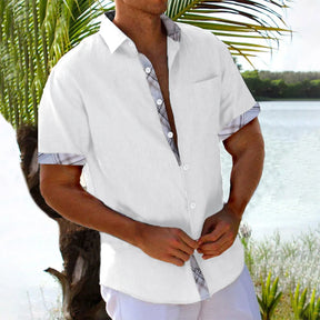 Men'S Casual Short Sleeve Shirt Solid Color Tops Open Cardigan Street Wear Lapel Button Shirt Men'S Vintage Vacation Shirt