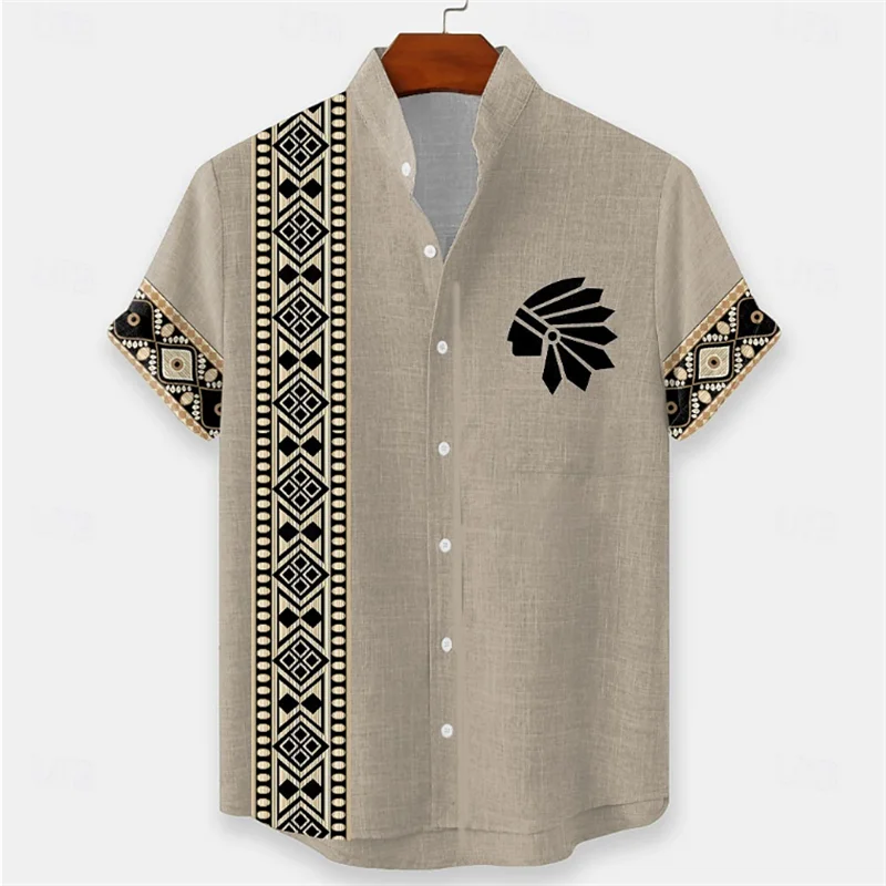 Men's 3D printed summer short sleeved shirt with artistic geometric patterns, casual lapel shirt, men's top