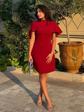 Red Shawl Collar A-line Mini Dress Women Elegant Short Sleeve High Waist Pleated Fashion Vestidos Lady Party Evening Gown 2025