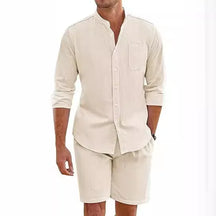 Summer Men's Casual Sets Breathable Cotton Linen Vintage Stand Collar Shirts+Shorts Sets Men Comfortable Breathable Beach Suits