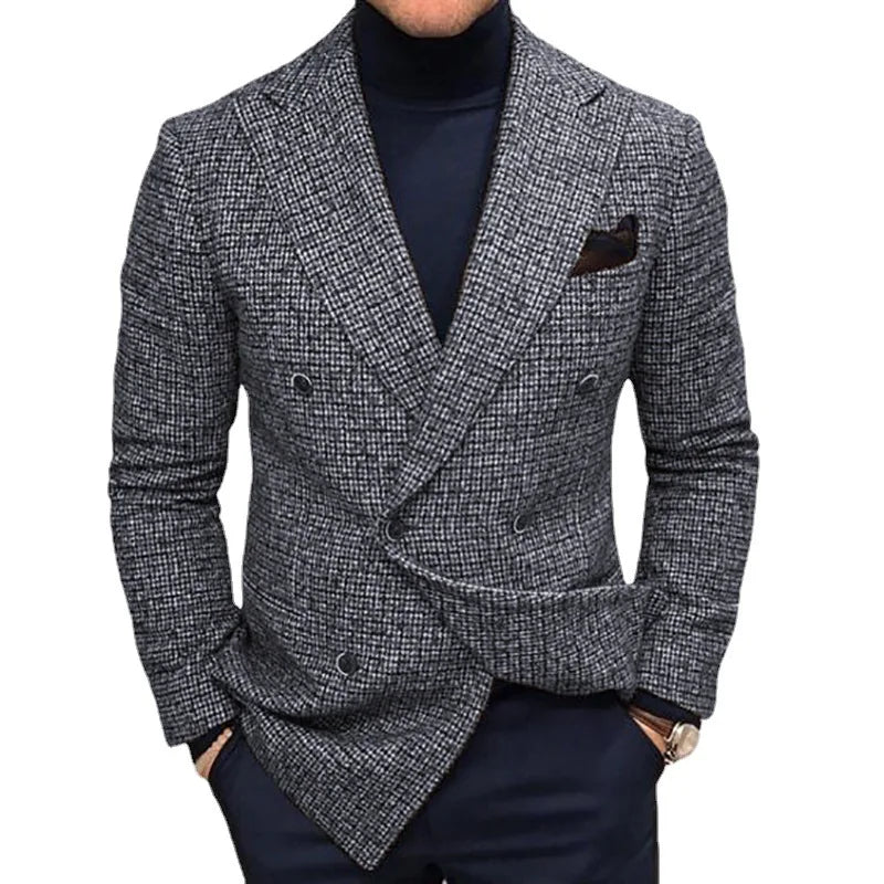 New Autumn Men's Gray Long-sleeved Suit Jacket, Dark Brown Double-breasted V-neck Blazers, Gentleman's Casual Coat.