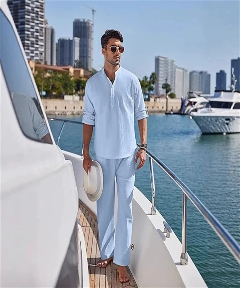 New fashionable and trendy men's solid-color casual set, high-quality cotton and linen long-sleeved Henry shirt + long pants set
