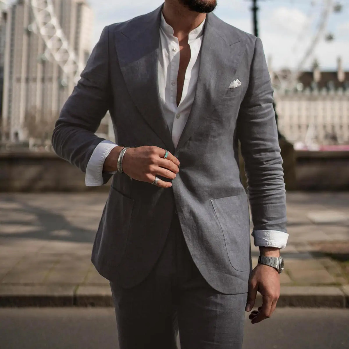 Korean Version Linen Solid Color Business Two-piece Set, Men's Spring New Casual Back Slit Single Button Lapel Suit + Trousers