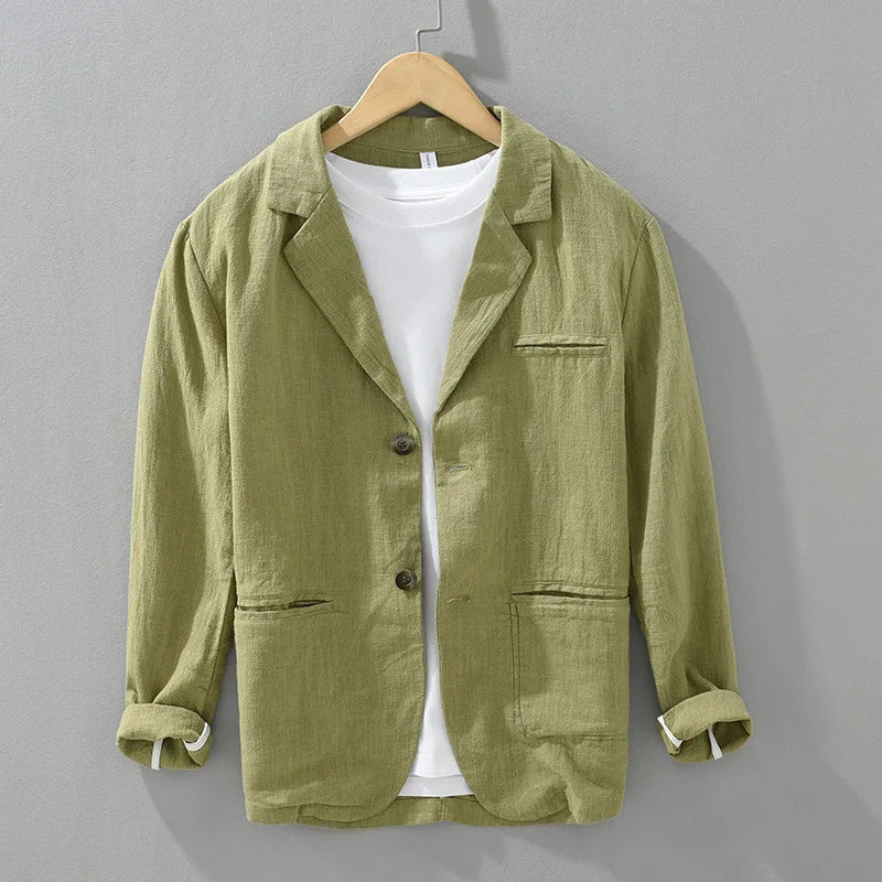 2025 New Cotton Linen Men's Blazer Spring Summer Daily Casual Blazers Loose Green Suit Jackets Japanese Retro Youth Male Suit